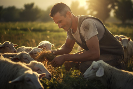 A shepherd farmer man feed a group sheep bokeh style backgroundの素材