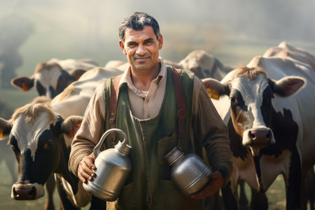 farmer man holding milk tank in front of his cows bokeh style backgroundの素材