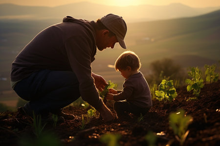 father teaching his son to growing plant in their farm bokeh style backgroundの素材