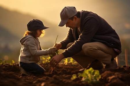 father teaching his son to growing plant in their farm bokeh style backgroundの素材