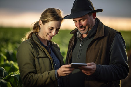 two agriculturals working in a field with a tablet bokeh style backgroundの素材
