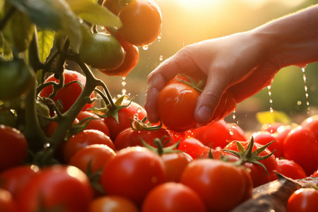 farmer hands harvesting tomatoes in tomato farm bokeh style backgroundの素材