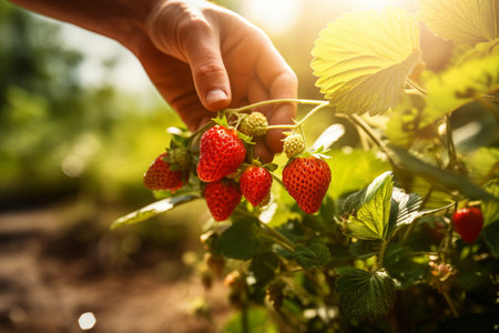 farmer hand harvesting stawberries in stawberry farm bokeh style backgroundの素材