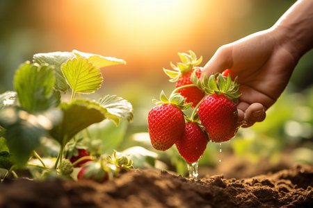farmer hand harvesting stawberries in stawberry farm bokeh style backgroundの素材