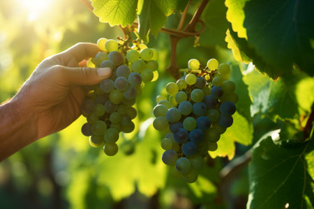 farmer hand harvesting green grapes in grape farm bokeh style backgroundの素材