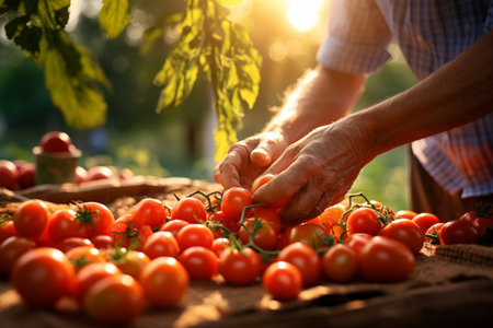 farmer hands harvesting tomatoes in tomato farm bokeh style backgroundの素材