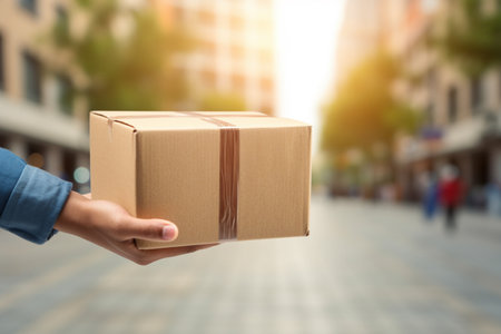 parcel post put on the street in front of the building background bokeh style backgroundの素材