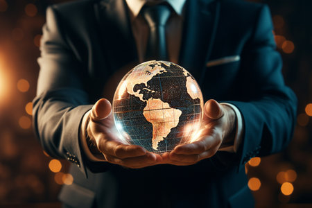 close up businessman holding globe bokeh style backgroundの素材