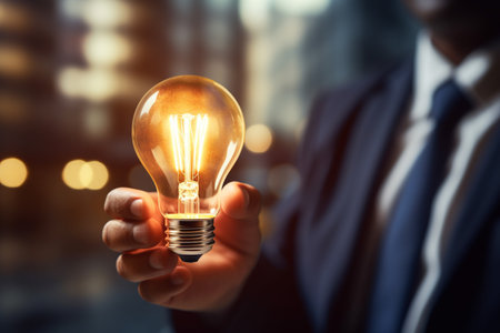 businessman holding a light bulb bokeh style backgroundの素材