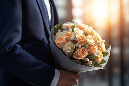 close up of man wearing suit holding a bunch of flowers bokeh style backgroundの素材