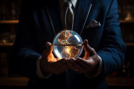 close up businessman holding globe bokeh style backgroundの素材