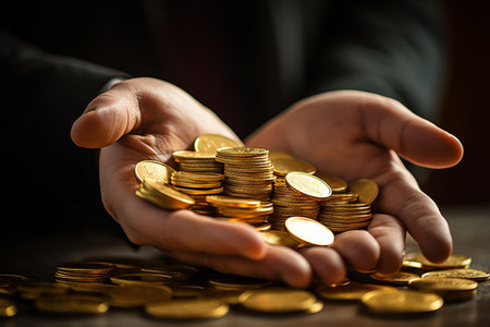 close up businessman holding a pile of coins bokeh style backgroundの素材