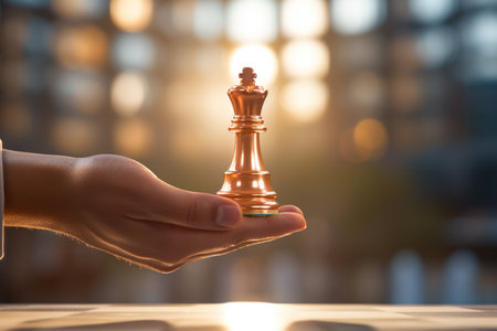 close up businessman holding a chess king bokeh style backgroundの素材