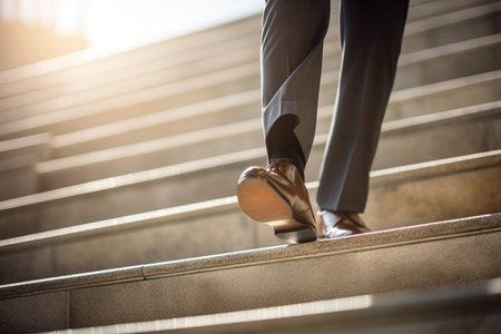 a business man walking down the steps bokeh style backgroundの素材