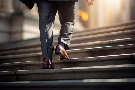 a business man walking up the steps bokeh style backgroundの素材