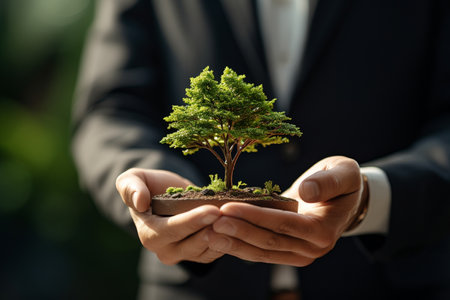 businessman holding a tree on his hand bokeh style backgroundの素材