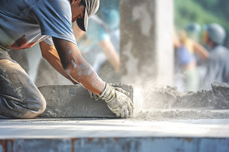 close up construction worker hand plastering on the white wall bokeh style backgroundの素材