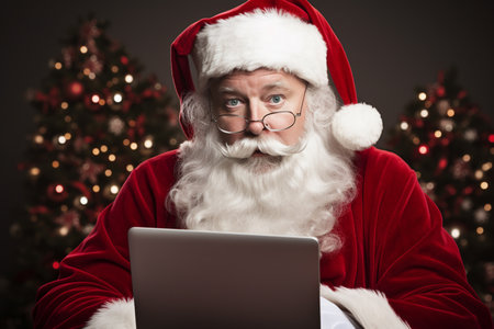 santa claus holding a tablet during the winter season bokeh style backgroundの素材