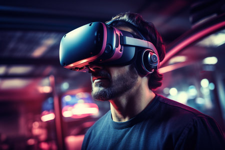 the man wearing a virtual reality headset bokeh style backgroundの素材