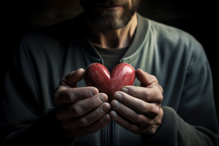 a man holding up a heart close up styleの素材