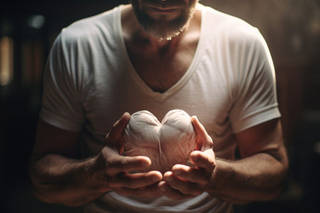 a man holding up a heart close up styleの素材