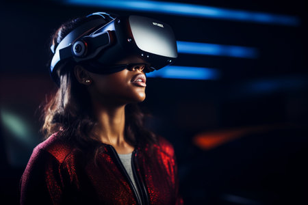 the woman wearing a virtual reality headset bokeh style backgroundの素材