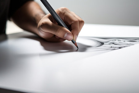 close up hand painting with a pencil on white paperの素材