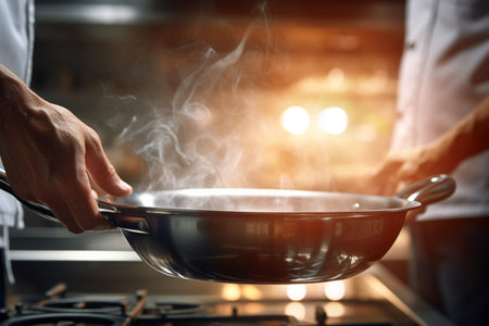 a chef cooking food with a pan on a stove bokeh style backgroundの素材