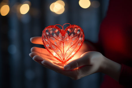 a woman holding a red heart shaped bokeh style backgroundの素材