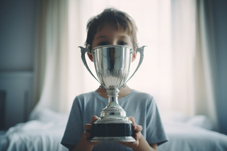 a young boy holding a gold trophy in his room bokeh style backgroundの素材