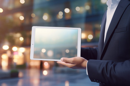businessman hand holding tablet bokeh style backgroundの素材