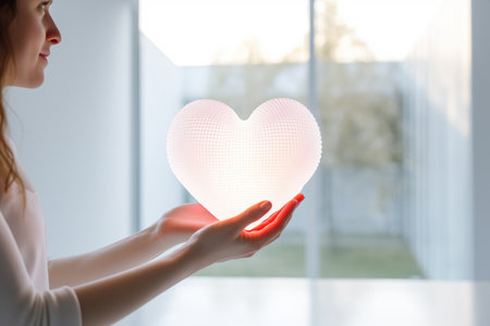 a woman holding a white heart shaped bokeh style backgroundの素材