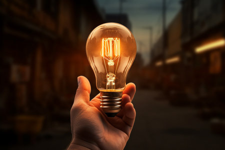 close up hand holding light bulb bokeh style backgroundの素材