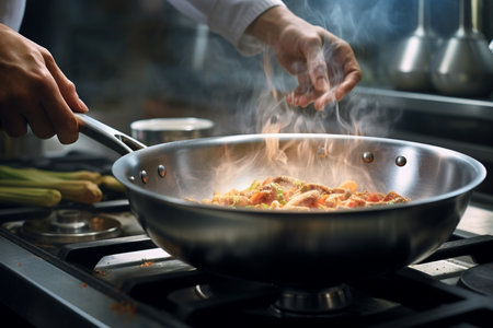 a chef cooking food with a pan on a stove bokeh style backgroundの素材