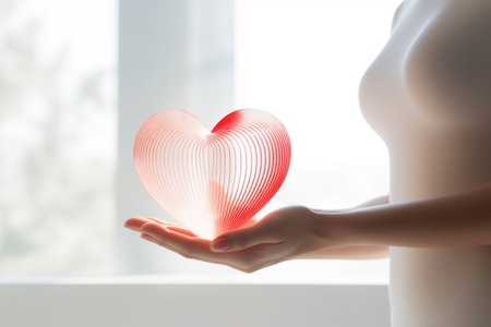 a woman holding a white heart shaped bokeh style backgroundの素材