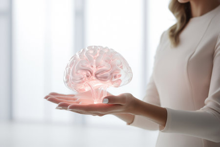 a hand holding a brain model in white room bokeh style backgroundの素材