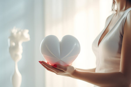 a woman holding a white heart shaped bokeh style backgroundの素材
