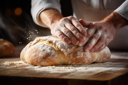 a man is kneading bread on wooden table bokeh style backgroundの素材