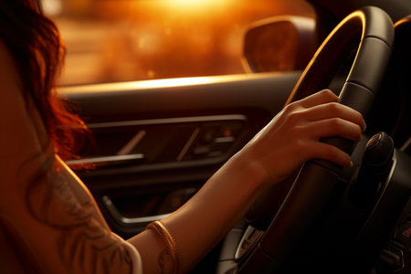 woman driving her car and holding steering wheel bokeh style backgroundの素材