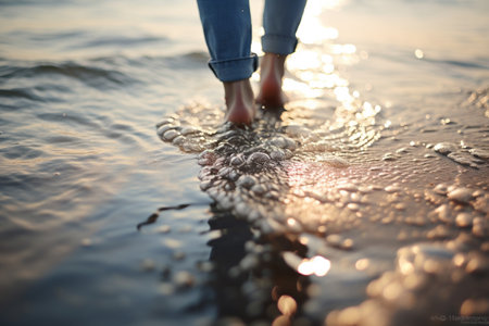 human feet walking on water of the sea bokeh style backgroundの素材