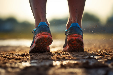human feet wearing running shoes running in mud bokeh style backgroundの素材