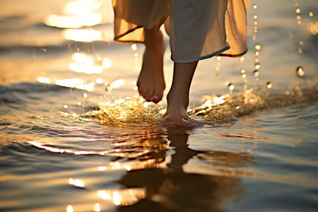 human feet walking on water of the sea bokeh style backgroundの素材