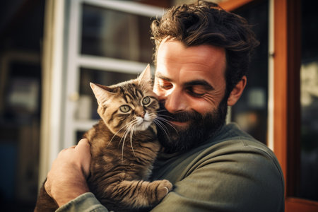 close up of a man hugging his cat bokeh style backgroundの素材