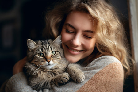 close up of a woman hugging her cat bokeh style backgroundの素材