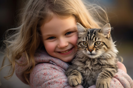 close up of a young girl hugging her cat bokeh style backgroundの素材