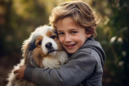 close up of young boy hugging his dog bokeh style backgroundの素材