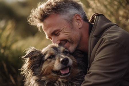 close up of a man hugging his dog bokeh style backgroundの素材