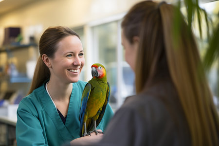 a female excotic pet vet smiling to a parrot bokeh style backgroundの素材