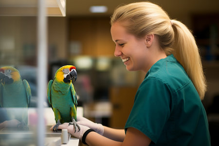 a female excotic pet vet smiling to a parrot bokeh style backgroundの素材