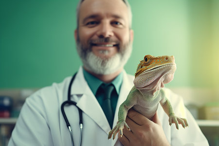 a male pet vet holding chameleon in vet clinic bokeh style backgroundの素材